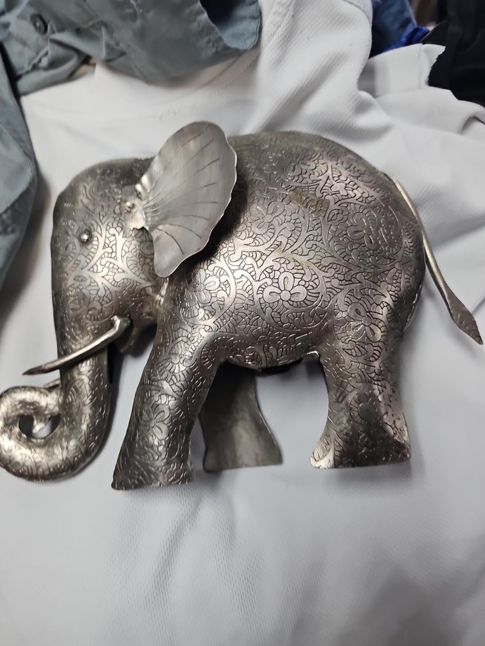 Vintage Engraved Elephant Figurine with Cobra & Floral Paisley Design